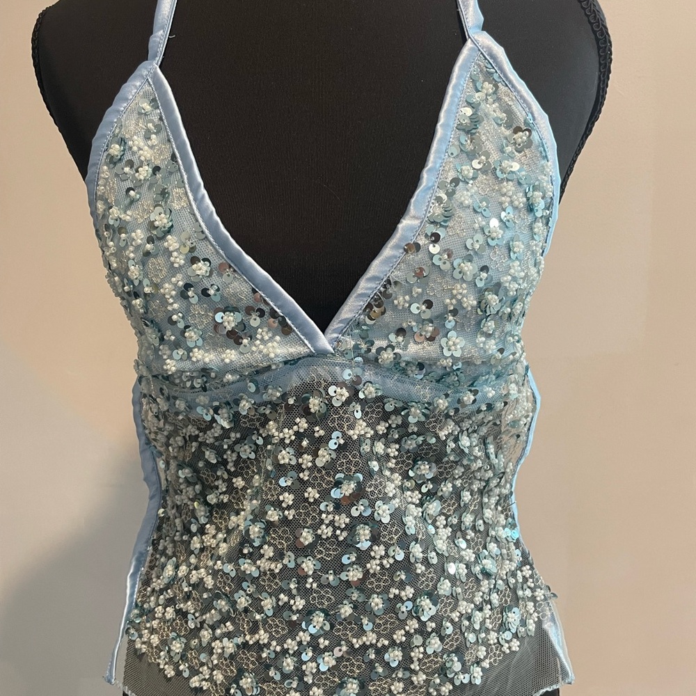 Light Blue Sequin Halter Tank Top - Elegant Evening Layer